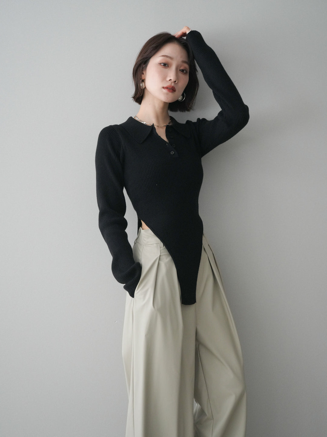 [予約]リブポロニットボディスーツ/black