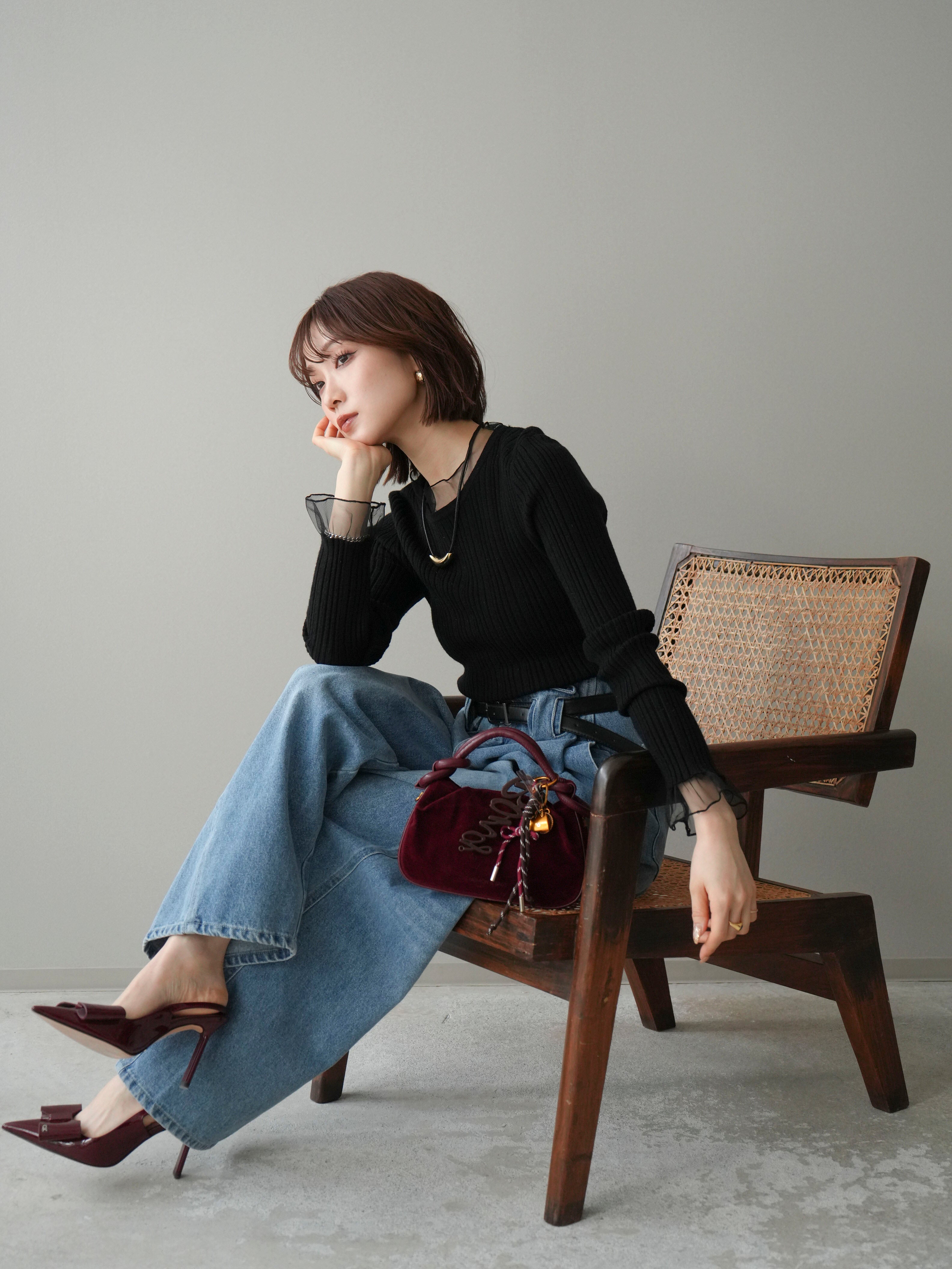 SET]チュールドッキングリブニットトップス+ハイウエストベルトループ