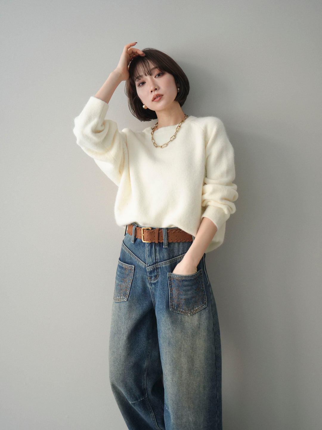 [予約]クルーネックモチモチニットプルオーバー/white