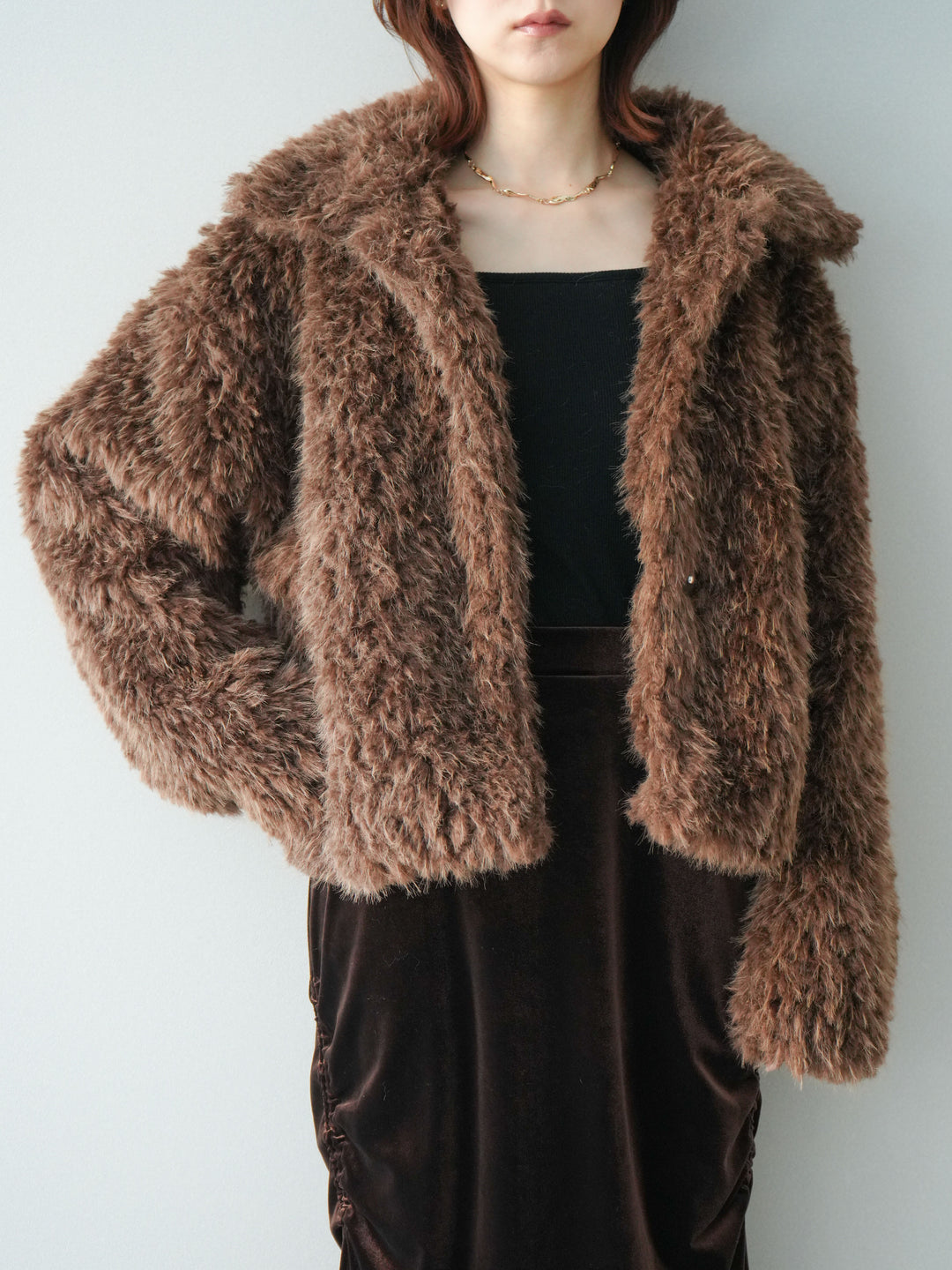 [SET]フェイクファー襟付きショートブルゾン+ギャザーベロアスカート(2set)