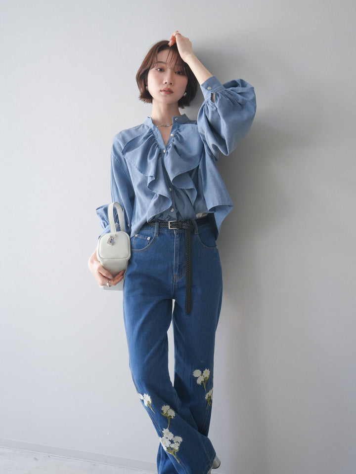 [SET]ラッフルフレアショートブラウス+フラワー刺繍ストレートデニム(2set)