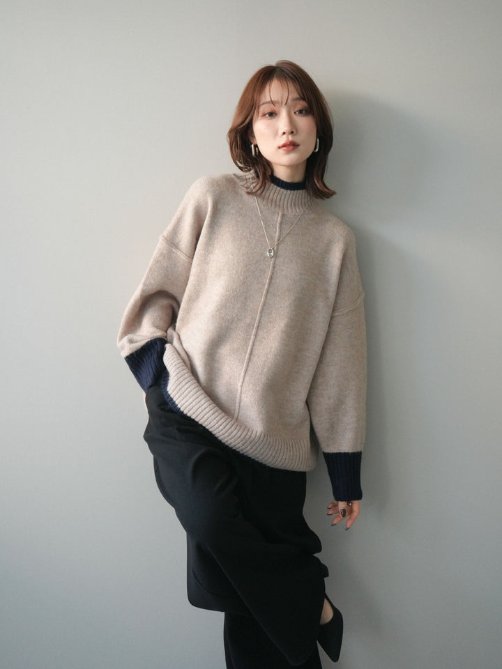 [SET]配色ハイネックニットプルオーバー+アニマル柄ベルト付きウールタッチワイドパンツ(2set)