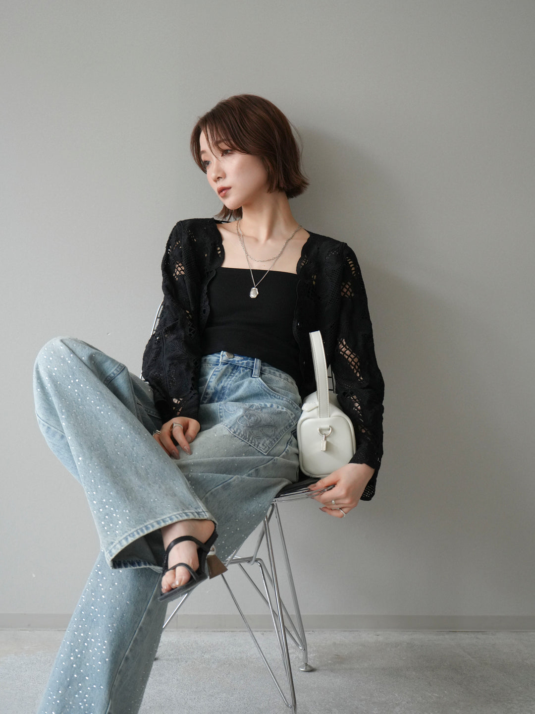 【套裝】3D蕾絲荷葉邊上衣+前口袋串珠闊腿牛仔褲（兩件套）