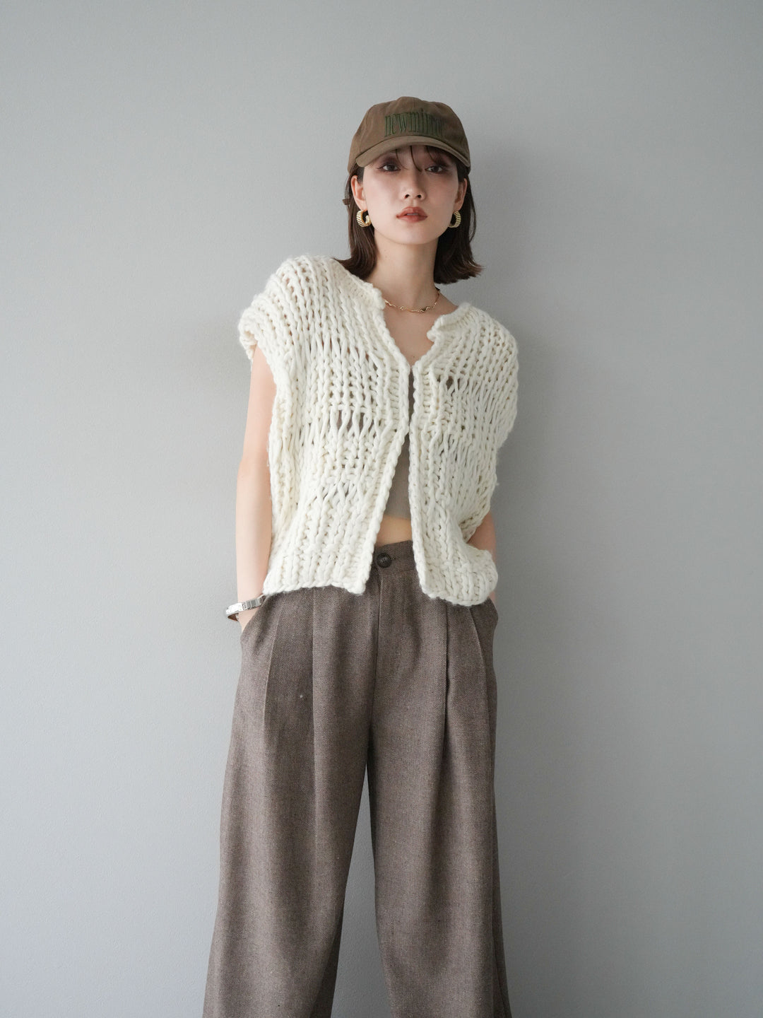 [SET] 手編繩結背心+粗花呢觸感褶皺寬褲（2件組）