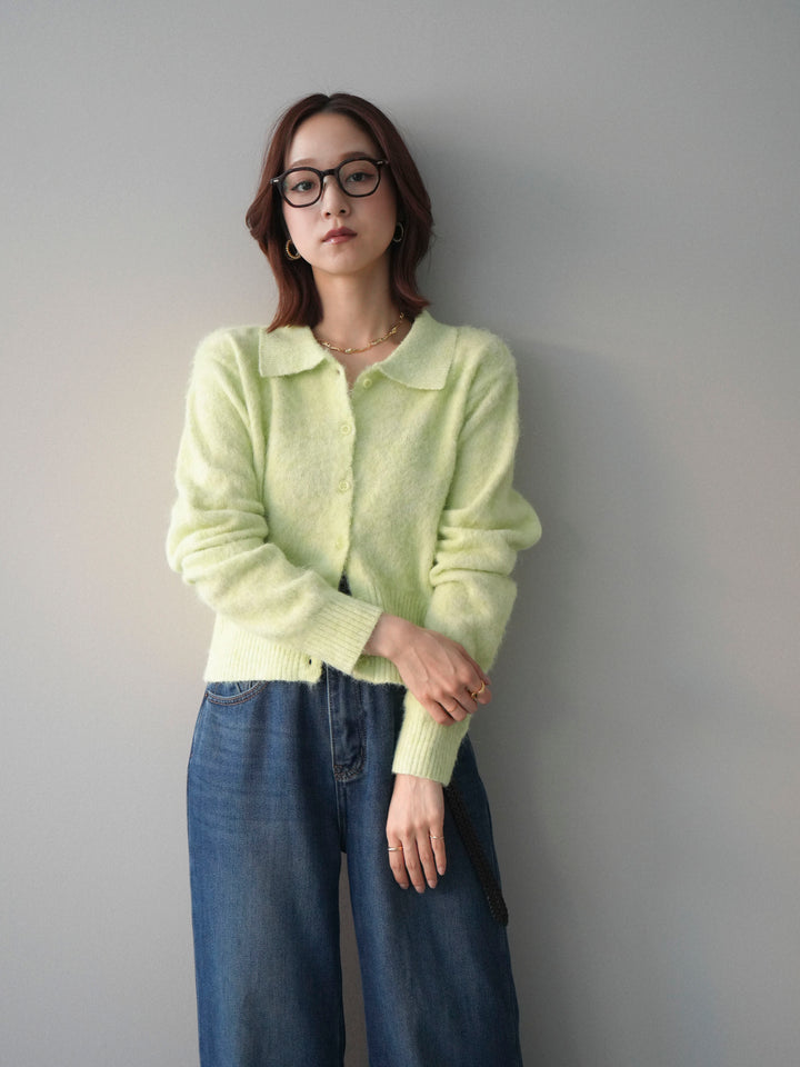 [SET]モヘア衿付きボタンプルオーバー+裏起毛裾フリンジワイドデニムパンツ(2set)