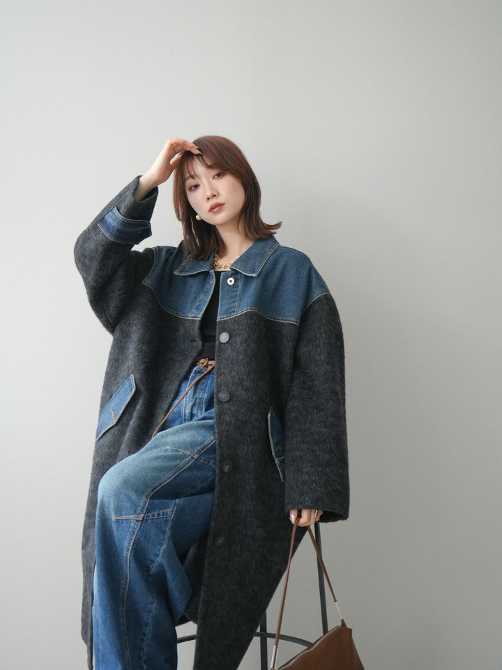 [SET]デニム切替シャギーステンカラーコート+選べるアクセセット(2set)