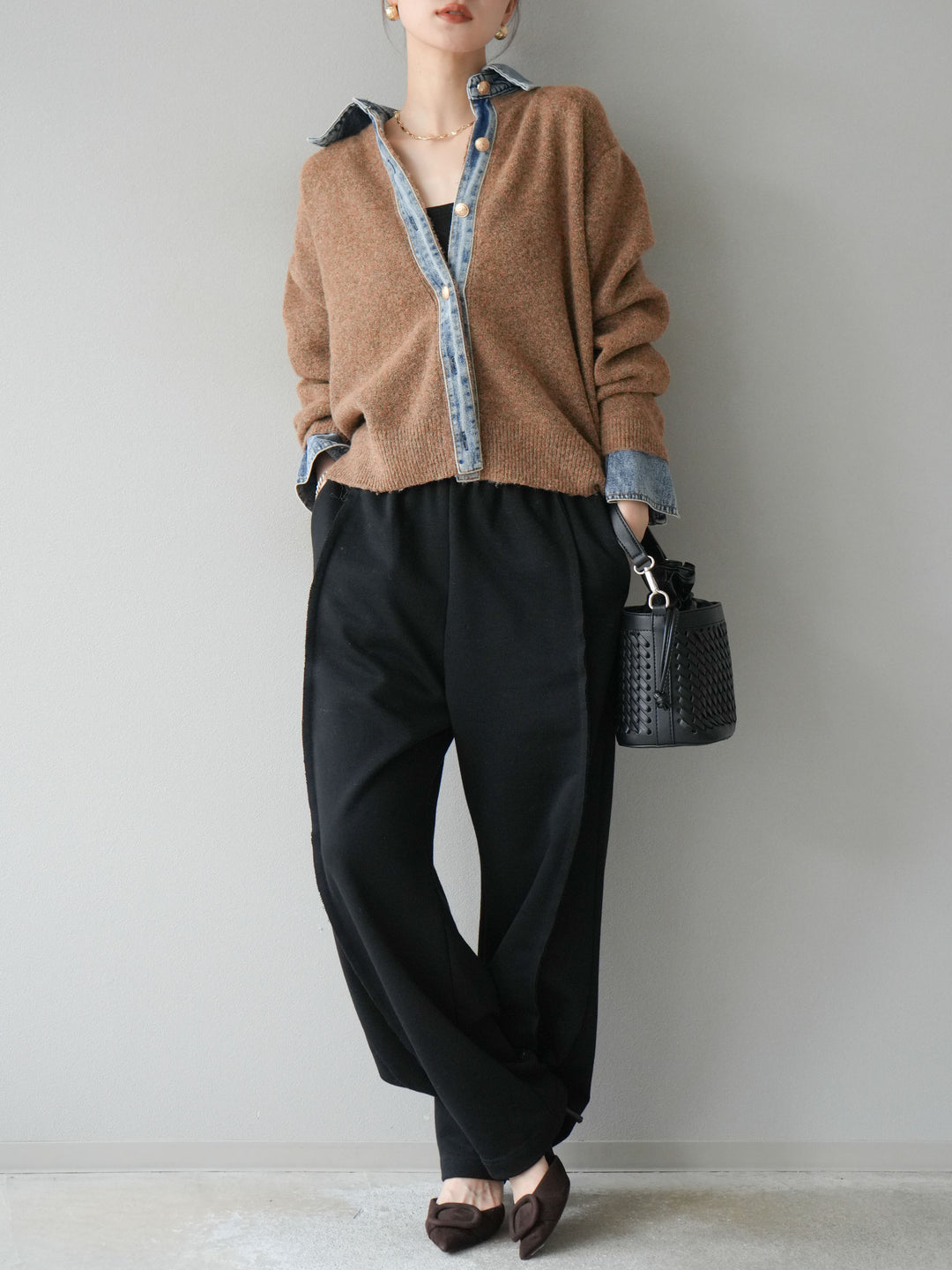 [SET]デニム襟ボタンニットカーディガン+2WAYデザインスウェットパンツ(2set)