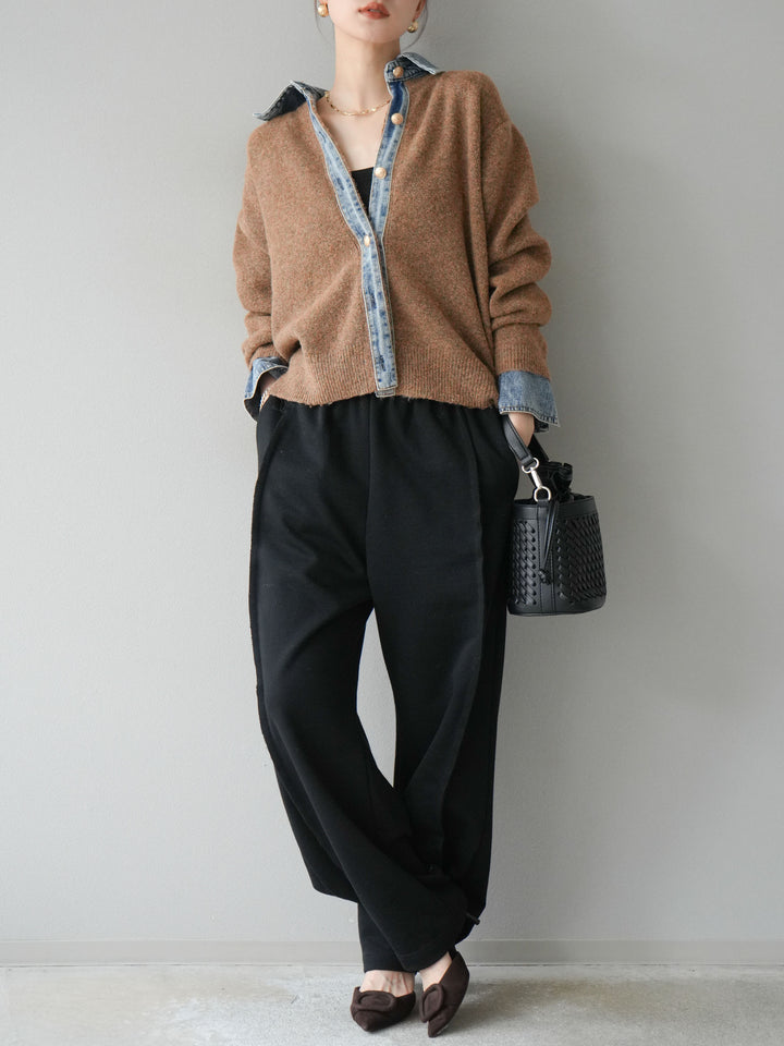 [SET]デニム襟ボタンニットカーディガン+2WAYデザインスウェットパンツ(2set)
