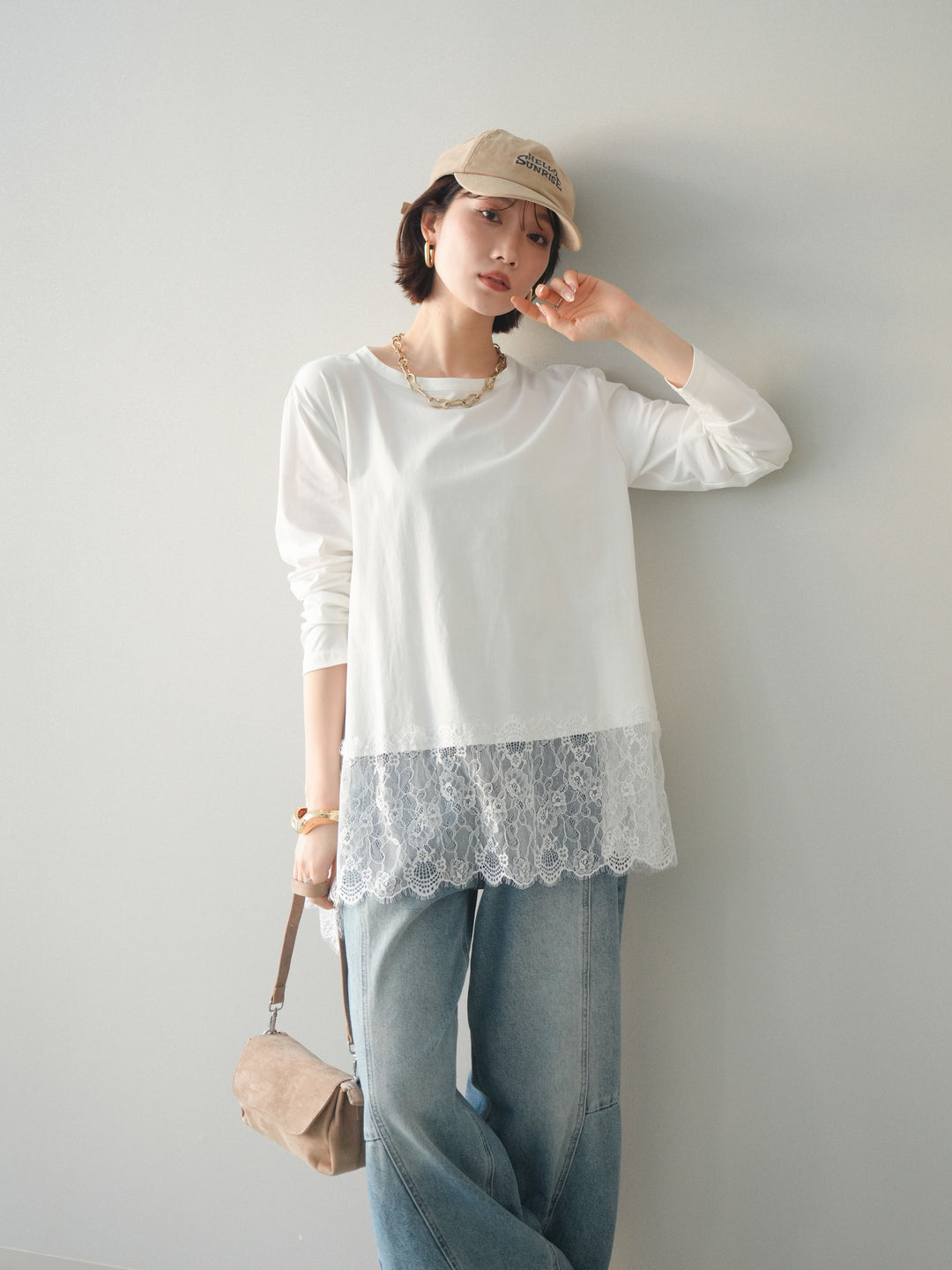 [SET]裾レースロングスリーブTシャツ+選べるアクセセット(2set)