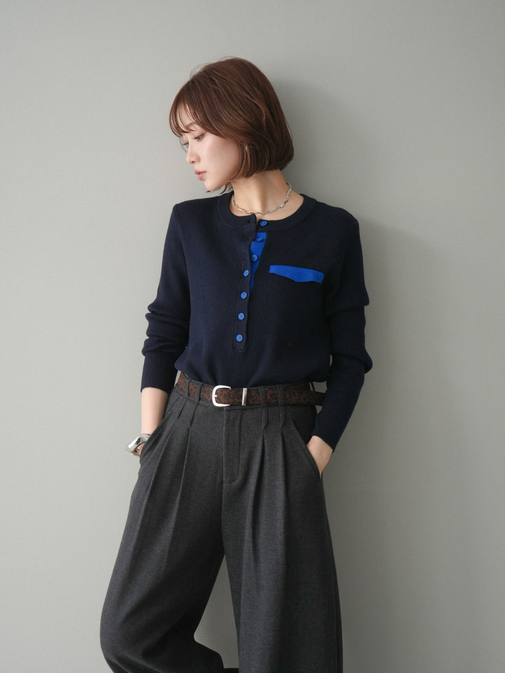 [SET]バイカラーデザインポケット配色ヘンリーネックニットソー+アニマル柄ベルト付きウールタッチワイドパンツ(2set)