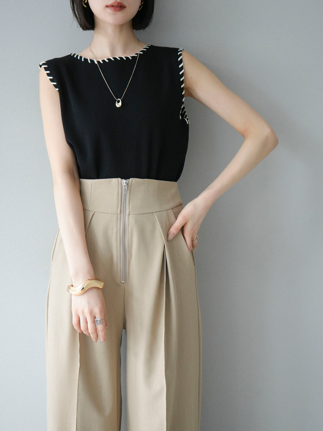 【預購】亞麻質感手縫針織套頭衫/黑色