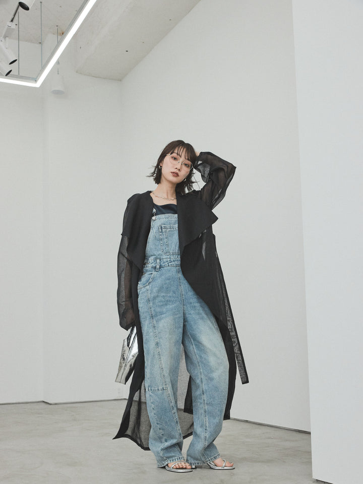 [SET] 中縫牛仔背帶褲 + 透視長版外套（2 件組）