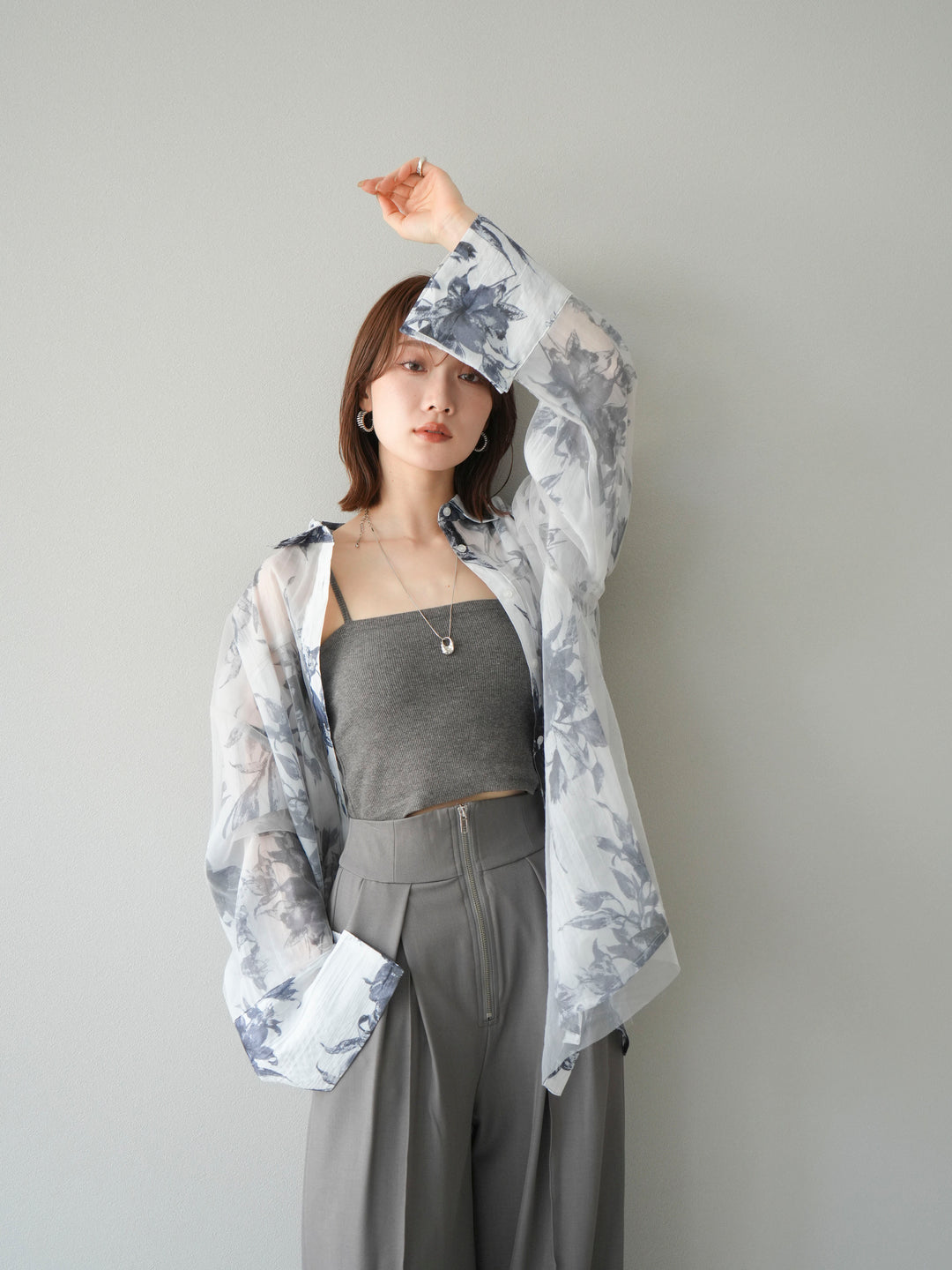 [予約]チュールドッキングフラワー柄オーバーサイズシャツ/グレー