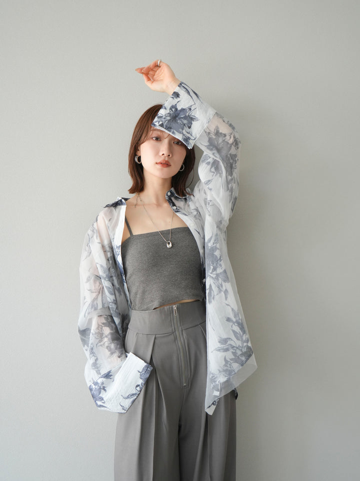 [予約]チュールドッキングフラワー柄オーバーサイズシャツ/グレー