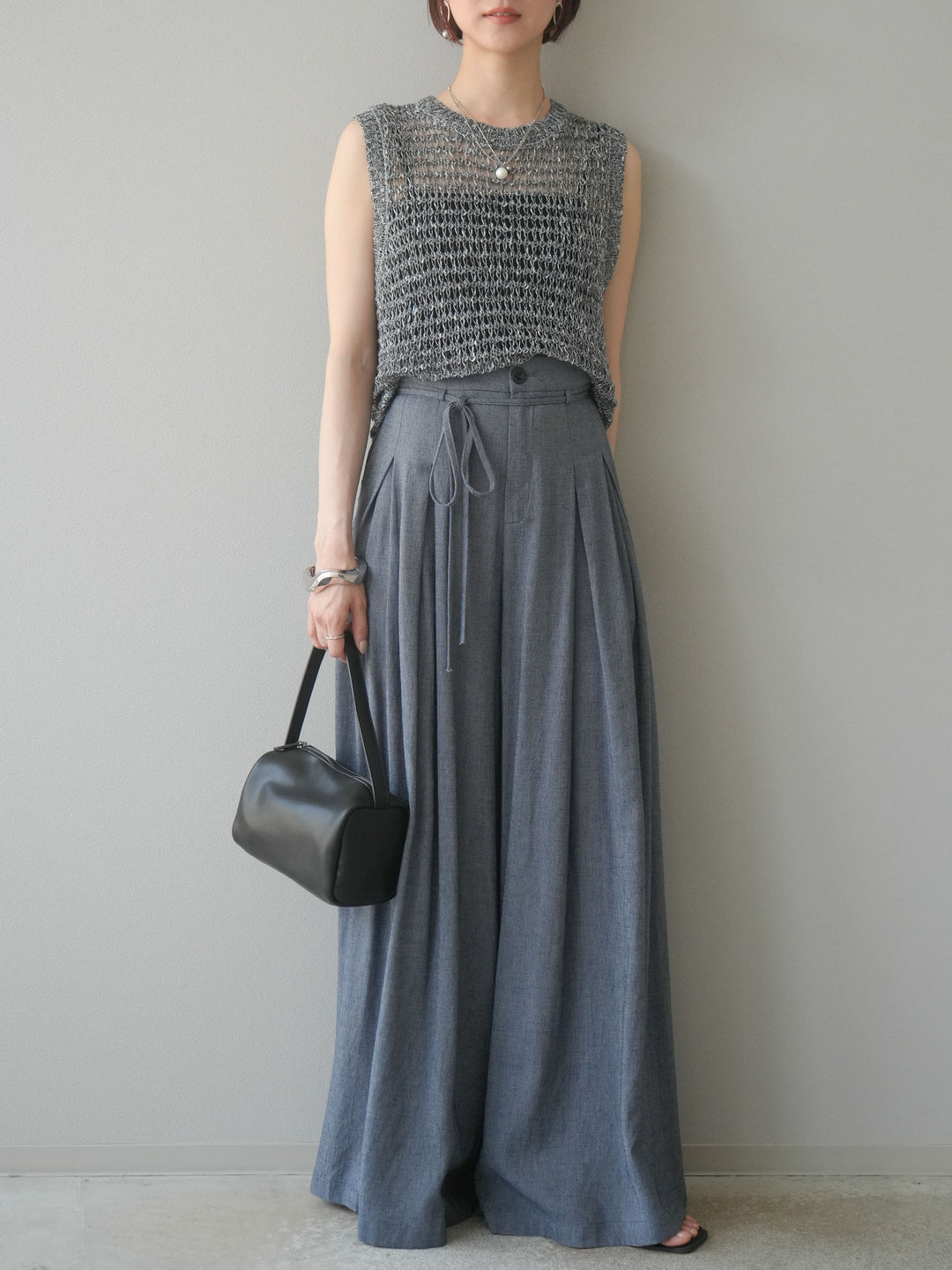 [予約]ミックスヤーン透かし編みニットタンクトップ/ブラック