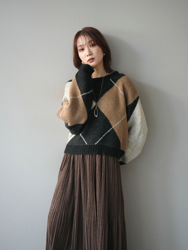 [SET]配色ステッチアーガイル柄ニットプルオーバー+選べるアクセセット(2set)