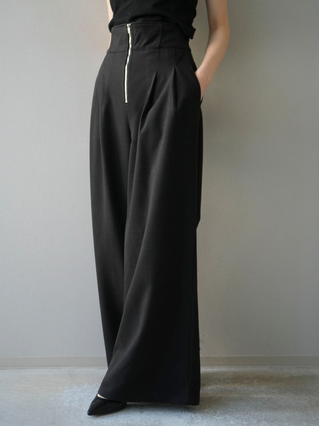 [予約]ウールタッチフロントジップパンツ/black