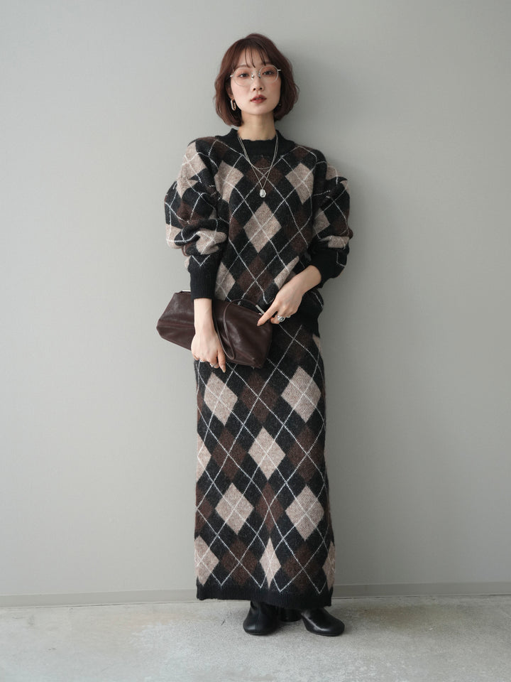 [SET]アーガイルニットプルオーバー&ロングスカートSET UP(2set)