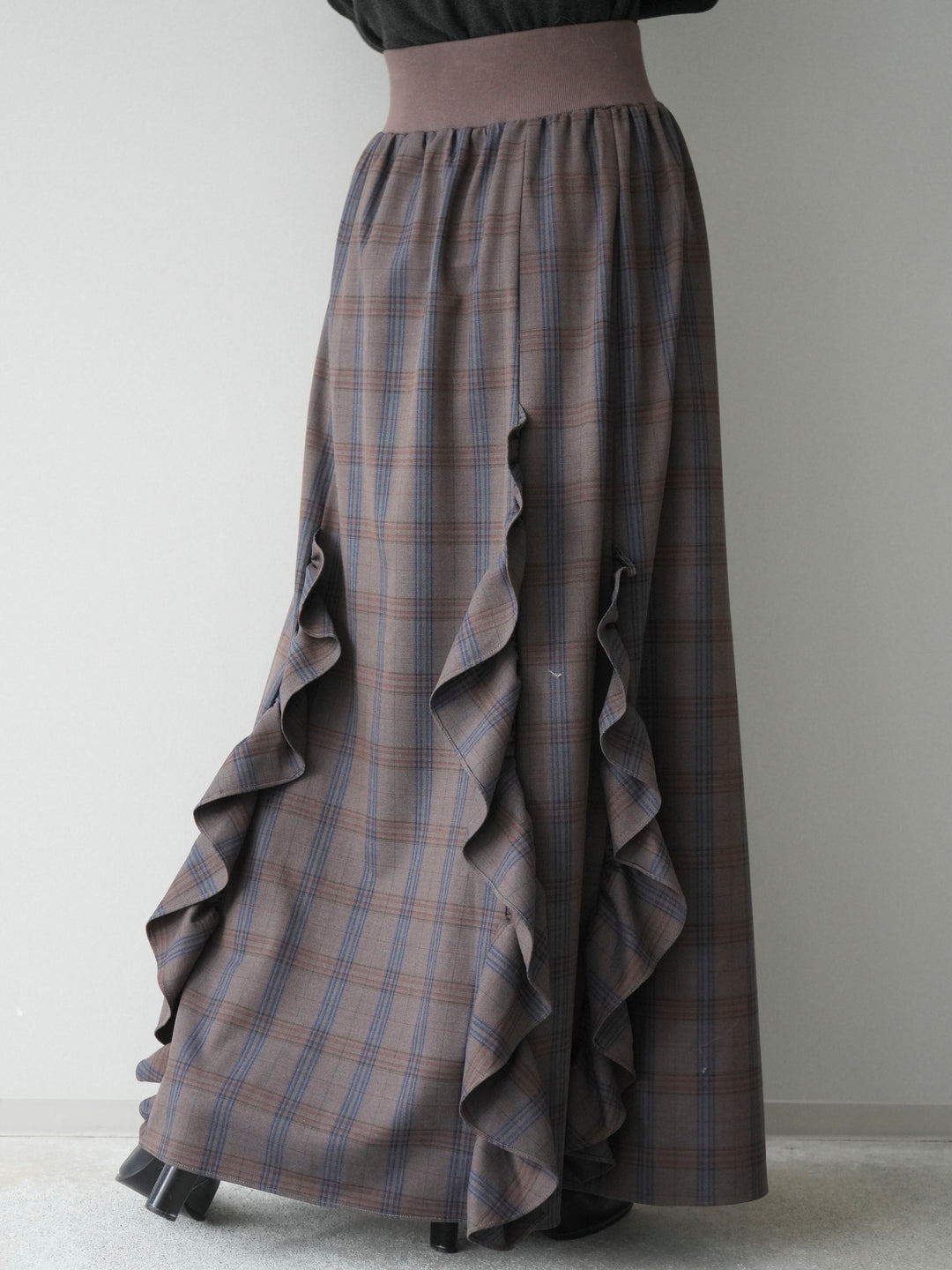 [予約]チェック柄フリルハイウエストマキシスカート/gray