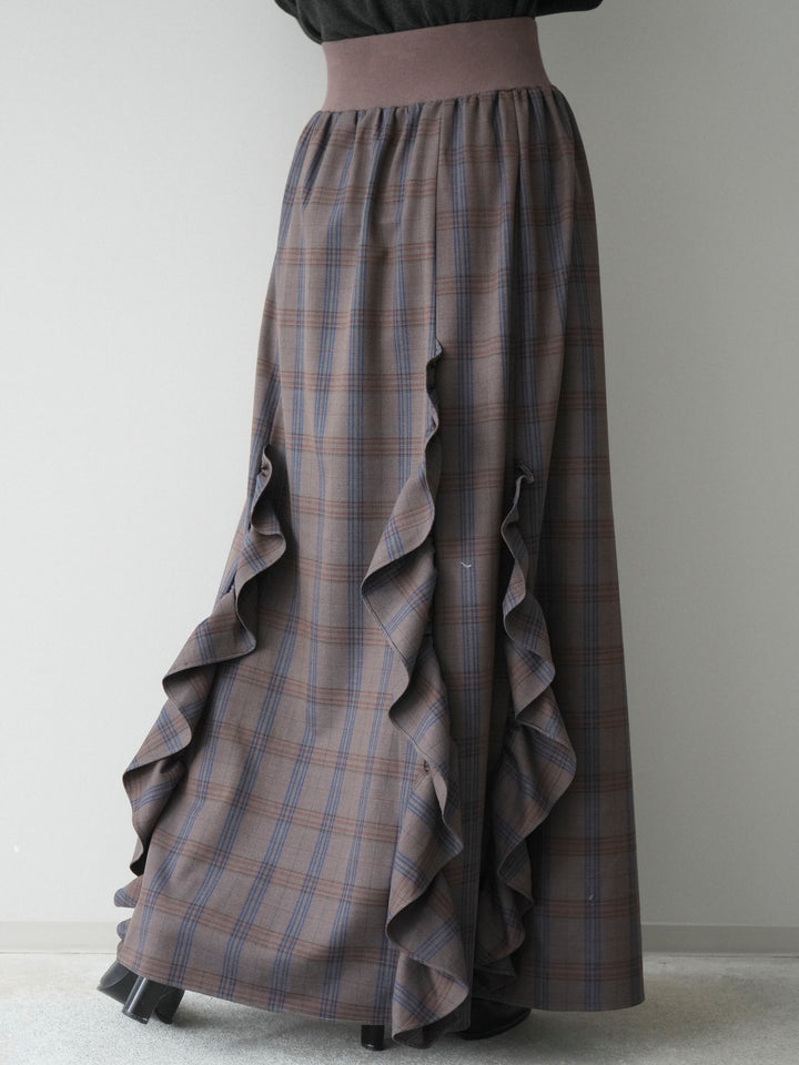 [予約]チェック柄フリルハイウエストマキシスカート/gray