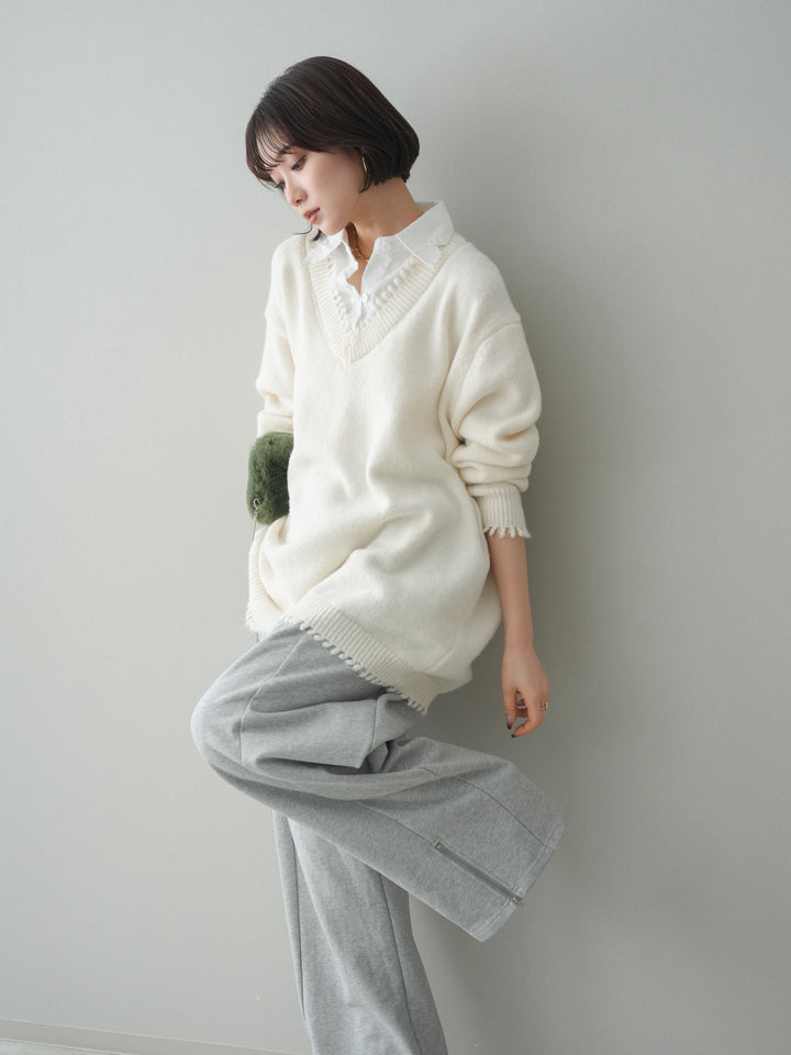 [SET]シャツドッキングVネックフリンジニットプルオーバー+選べるアクセセット(2set)