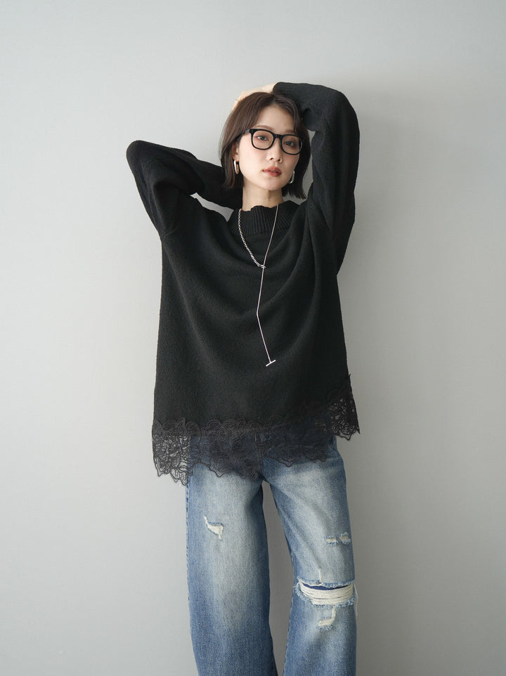 [SET]アシンメトリーレースヘムニットプルオーバー+アシンメトリーレースヘムニットプルオーバー(2set)