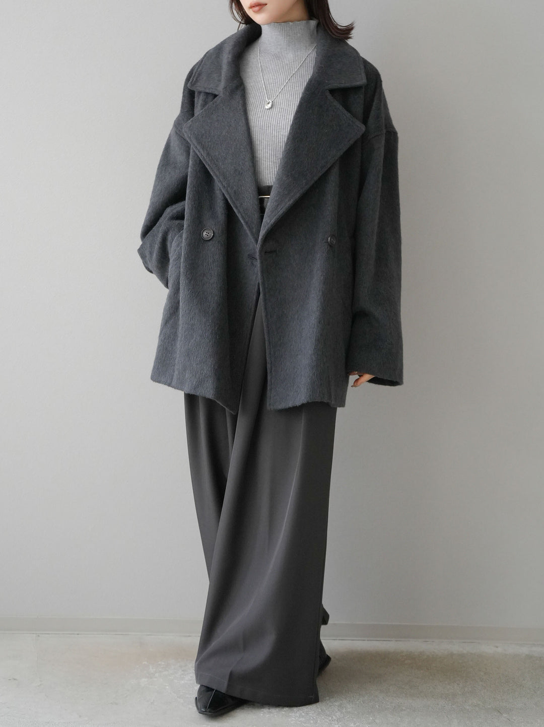 [SET]フェイクビーバーミドルコート+袖ボタンハイネックリブニットトップス+ベルト付ウールタッチワイドパンツL(3set)