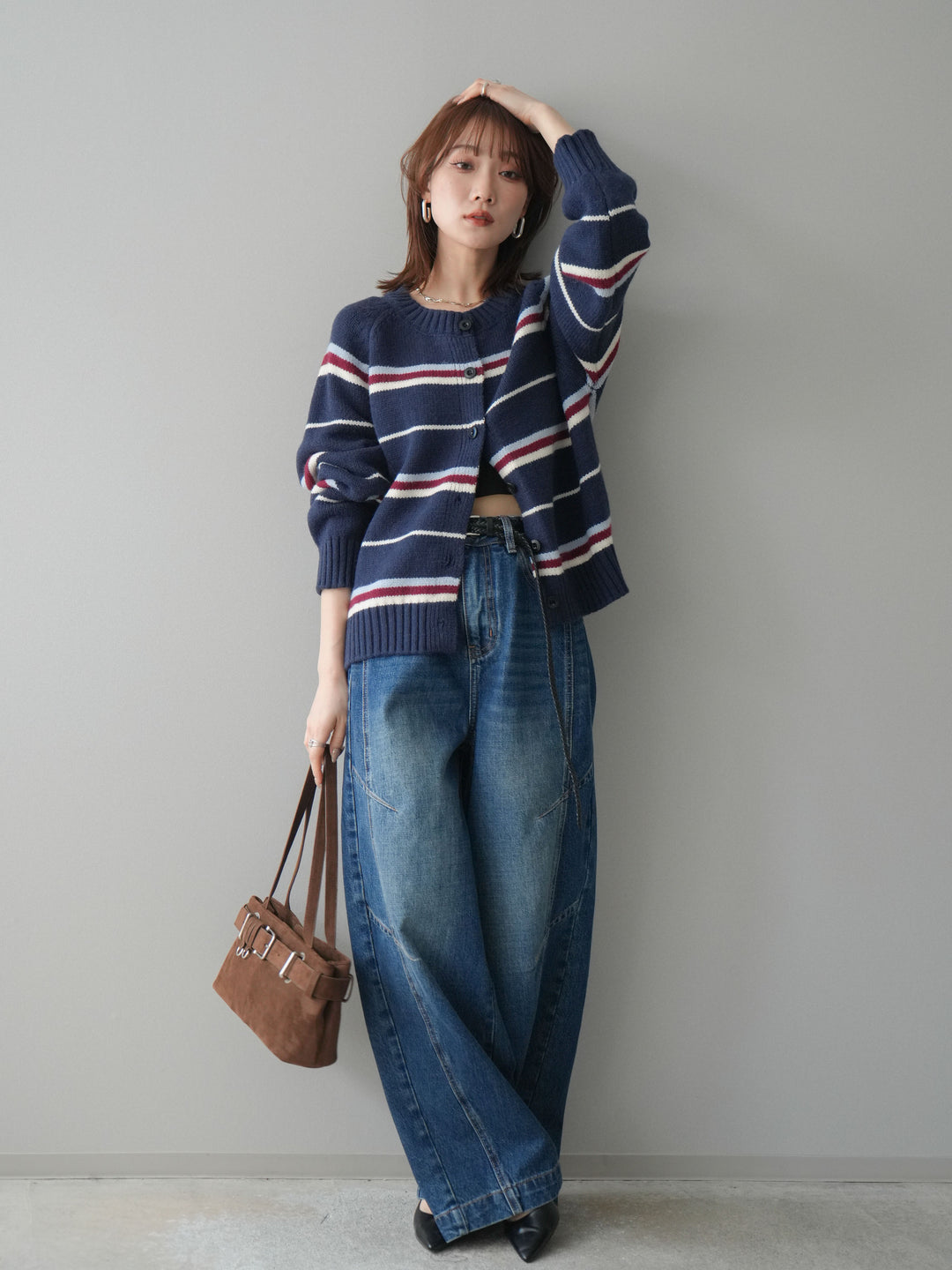 [SET]ランダムボーダーニットカーディガン+デザインステッチカーブデニムパンツ(2set)
