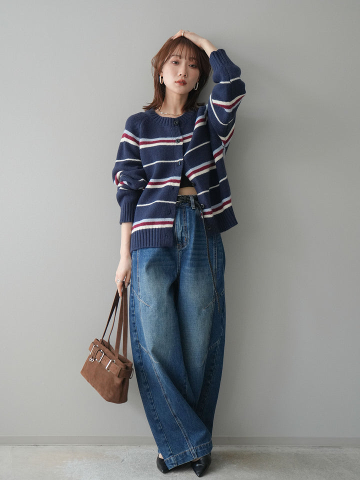 [SET]ランダムボーダーニットカーディガン+デザインステッチカーブデニムパンツ(2set)