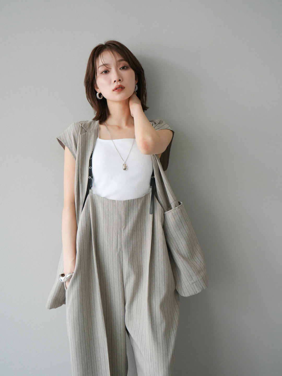 【着回しセット】[SET]ヘリンボーンストライプジレ+シアー切替ベロアトップス+ヘリンボーンストライプサロペット(3set)