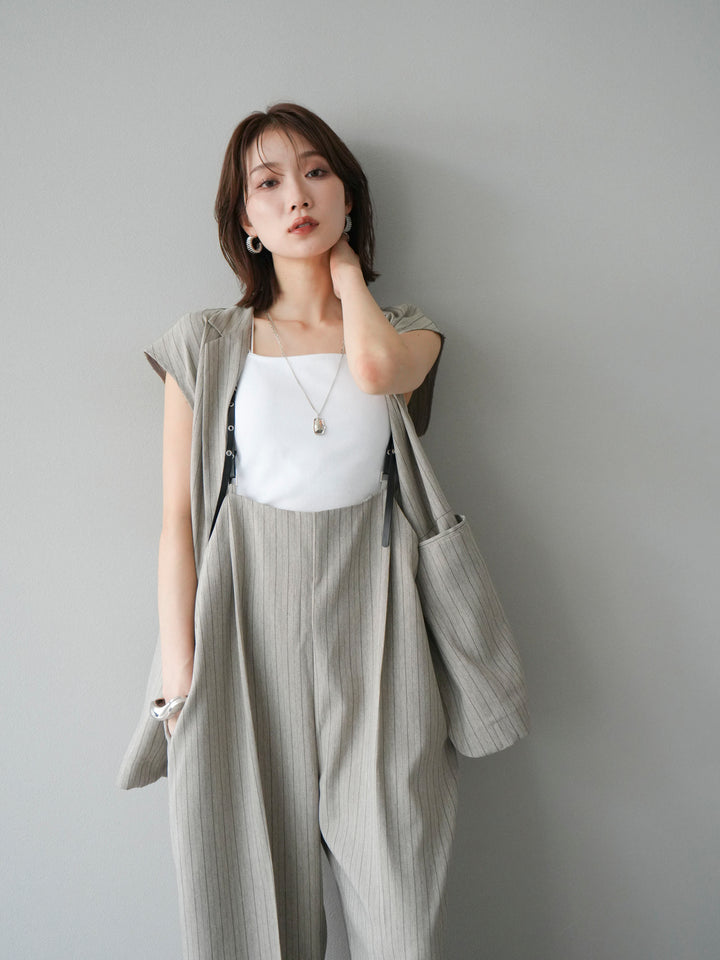 【着回しセット】[SET]ヘリンボーンストライプジレ+シアー切替ベロアトップス+ヘリンボーンストライプサロペット(3set)