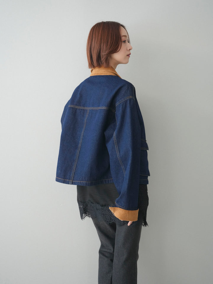 [予約]コーデュロイ×デニムショートカバーオール/indigo