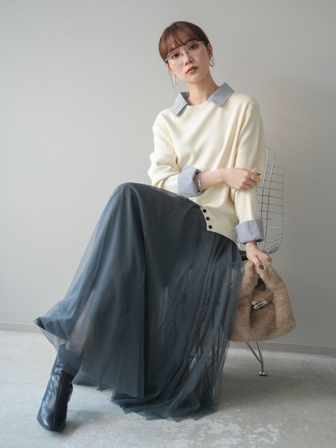 [SET]シャツドッキングデザイン裾ボタンニットプルオーバー+チュールボリュームスカート(2set)