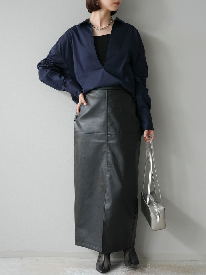 [予約]フェイクレザーフロントスリットスカート/ブラック