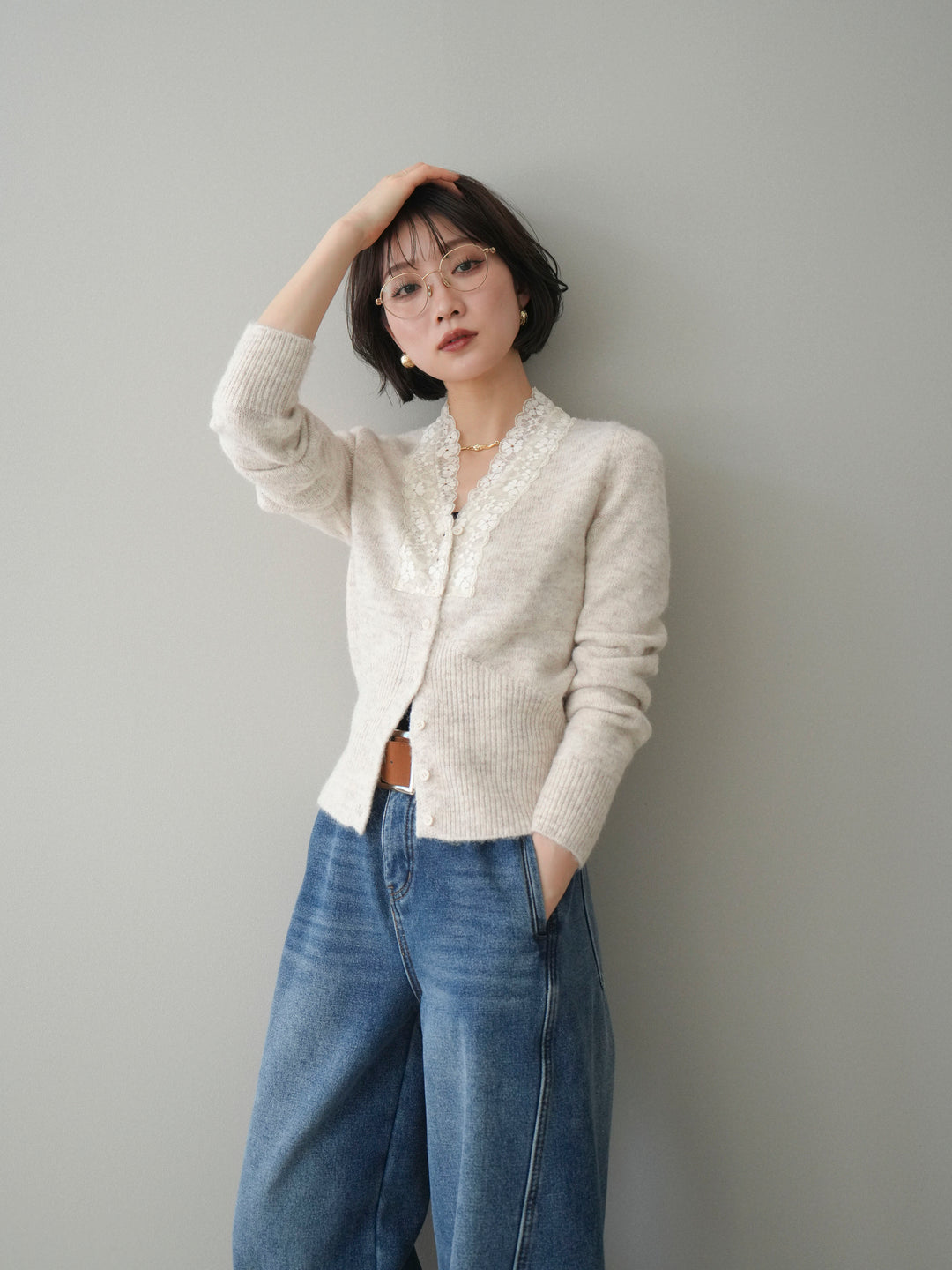 [SET]レースネックコンパクトニットカーディガン+選べるアクセセット(2set)