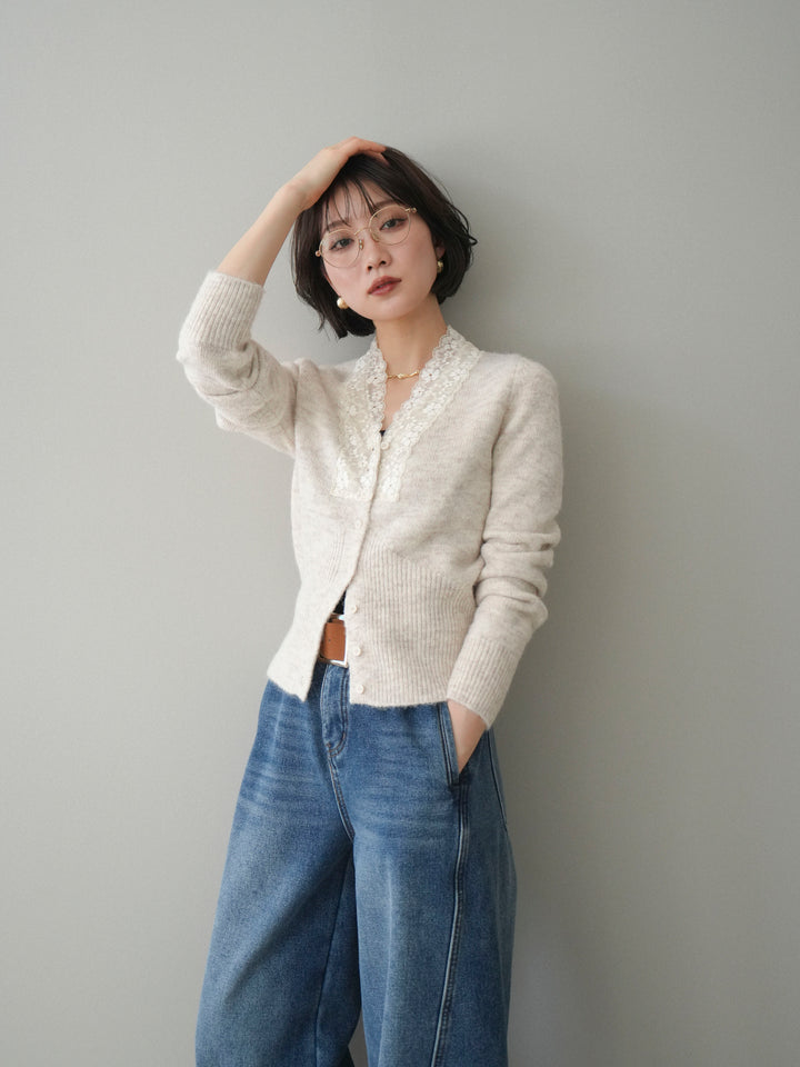 [SET]レースネックコンパクトニットカーディガン+選べるアクセセット(2set)