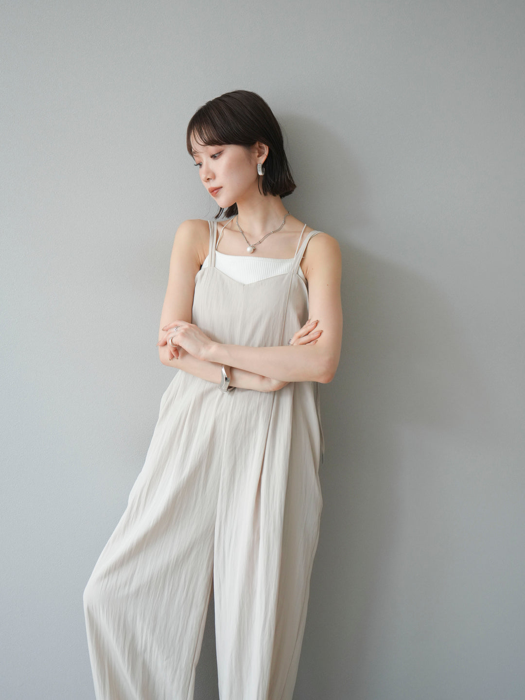 [予約]リネンライクビスチェデザインサロペット/エクリュ