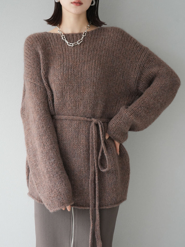 [予約]紐付きあぜ編みオーバーニットプルオーバー/ブラウン