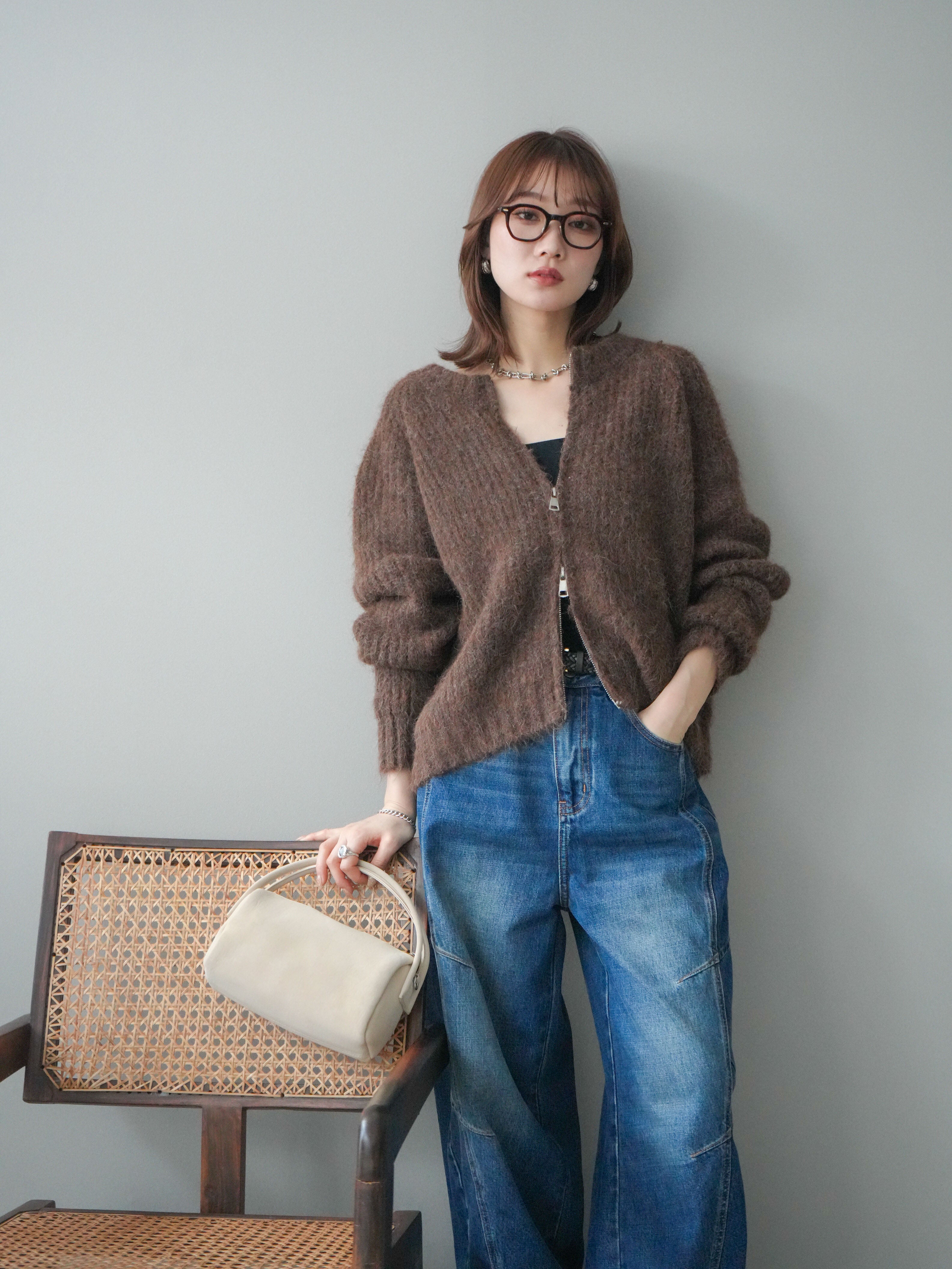 予約]MIXヤーンモヘアタッチZIPニットカーディガン/brown – Lumier