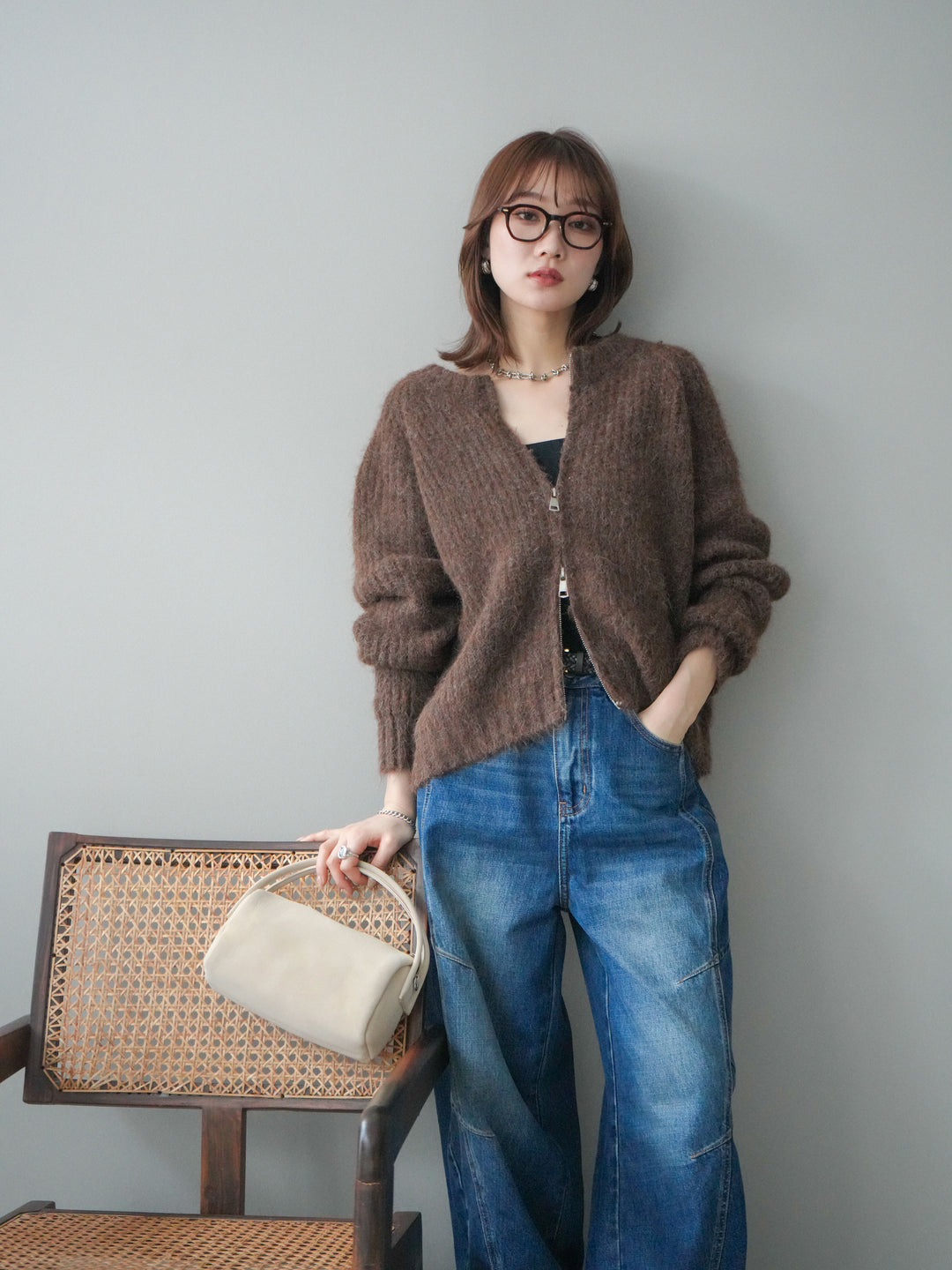 [予約]MIXヤーンモヘアタッチZIPニットカーディガン/brown