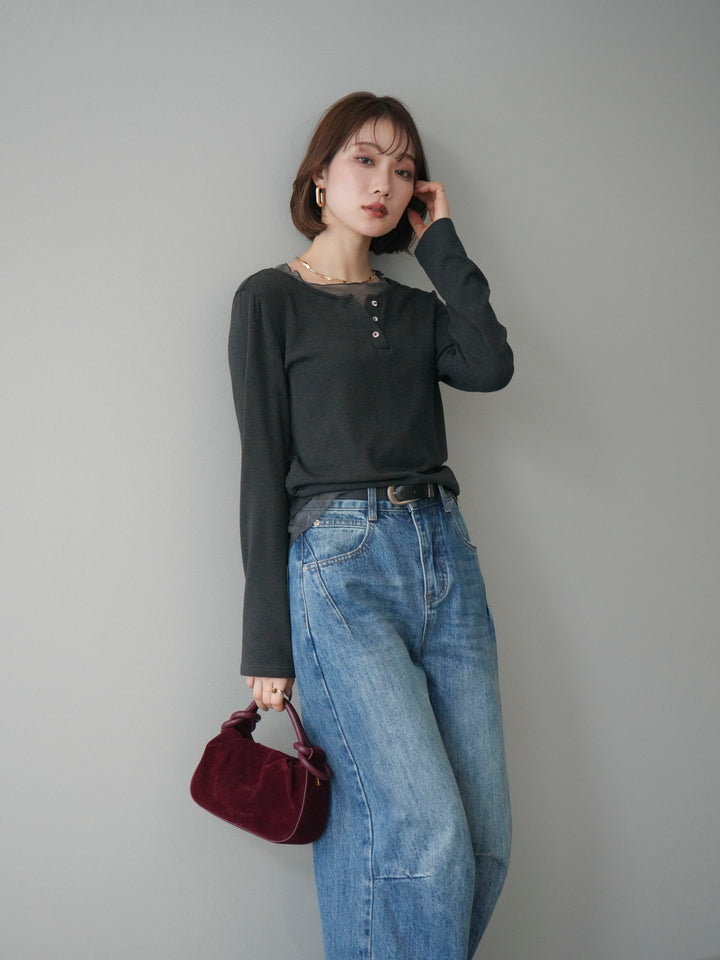 [予約]チュールレイヤードヘンリーネックカットソー/charcoal