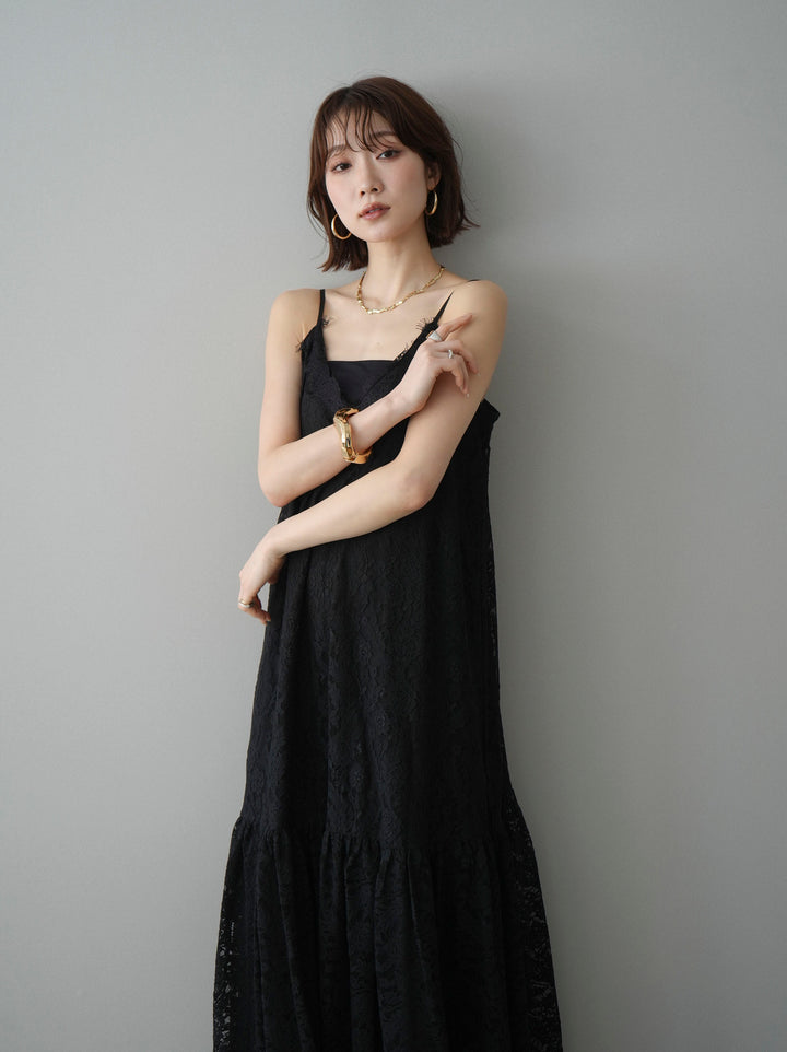 [予約]ギャザー切替レースキャミワンピース/black