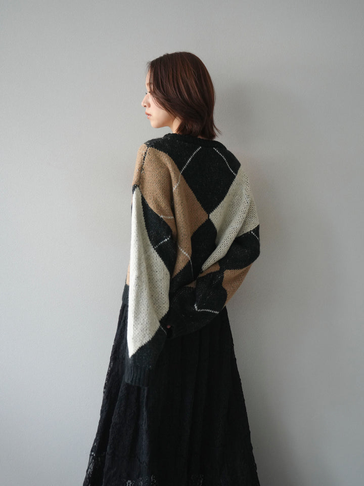 [SET]配色ステッチアーガイル柄ニットプルオーバー+ヴィンテージライクメッシュレーススカート(2set)
