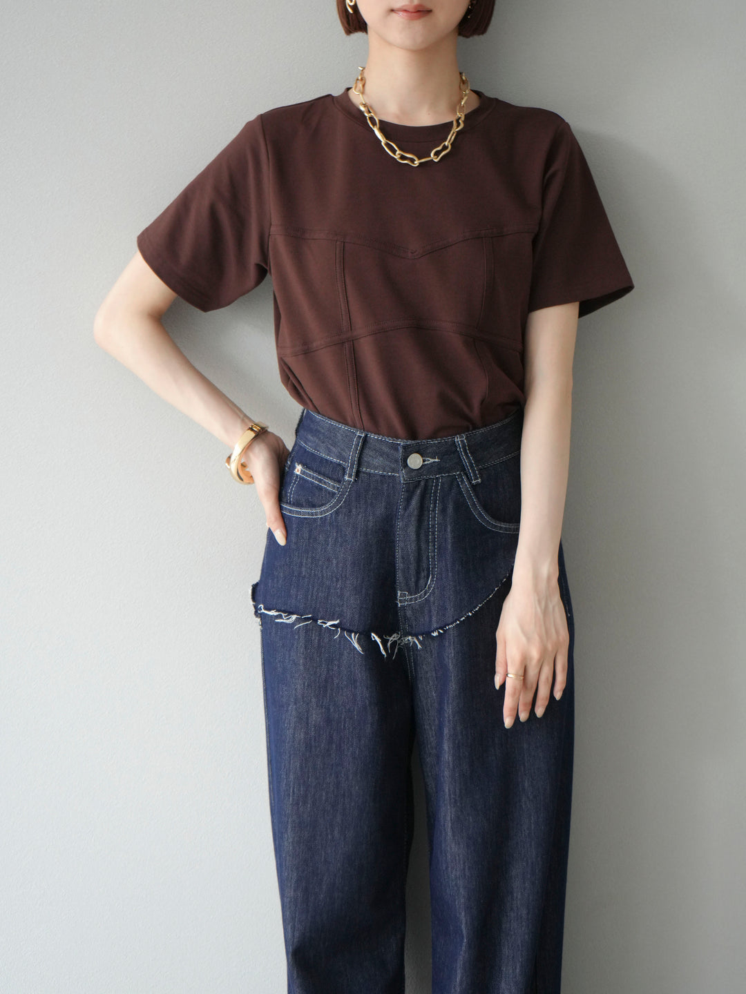 [SET]ビスチェデザインTシャツ+ヒップデザインデニムパンツ(2set)