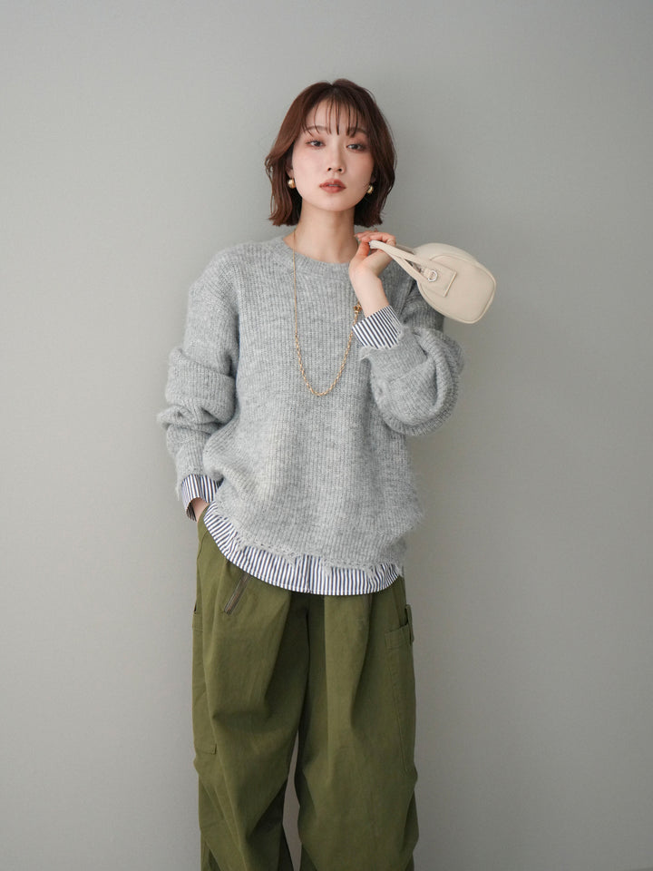 [SET]裾シャツレイヤードダメージニットプルオーバー+ストーンフォークリング(2set)