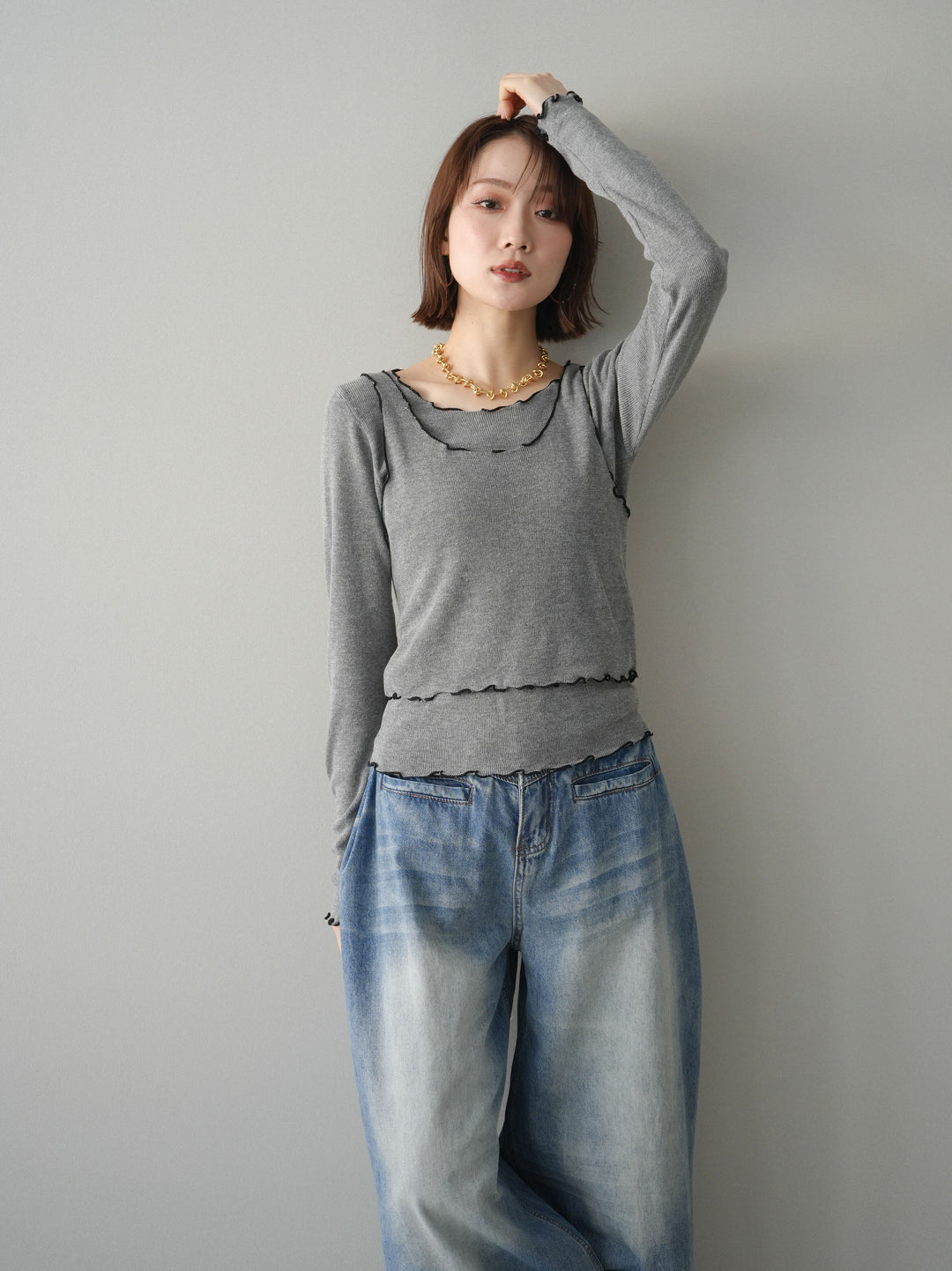 [予約]バイカラーメローアンサンブルシアーニットトップス/gray