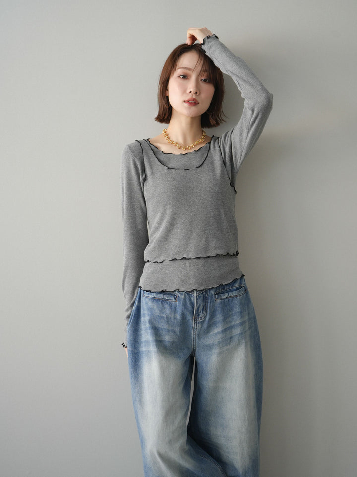 [予約]バイカラーメローアンサンブルシアーニットトップス/gray