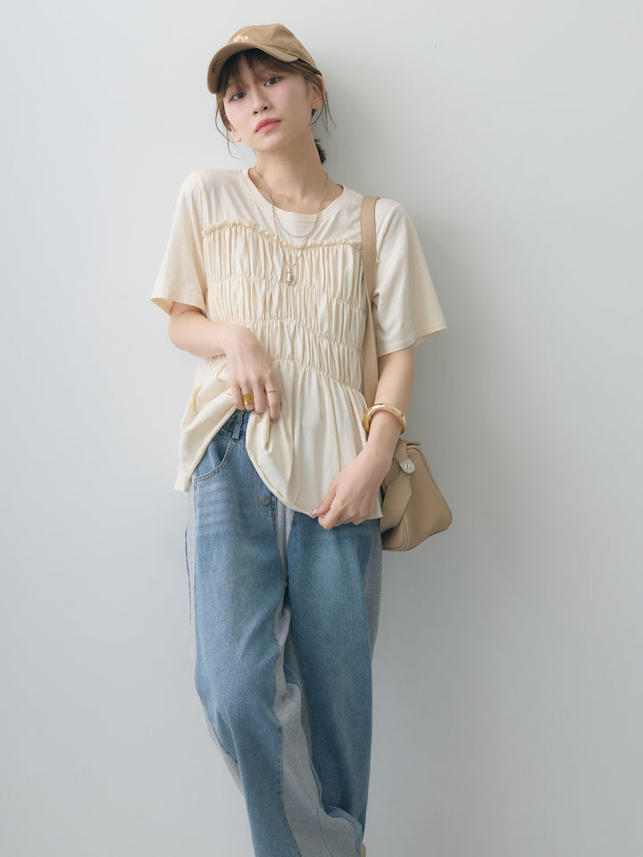 [SET]クールタッチシャーリングTEE+デニム切替スウェットパンツ(2set)