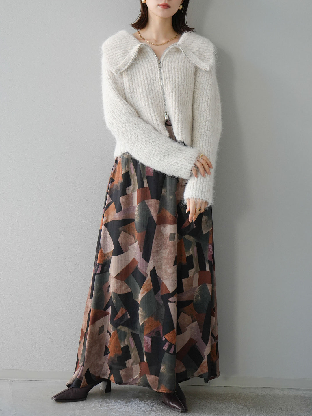 [予約]BIG襟ジップニットカーディガン/アイボリー