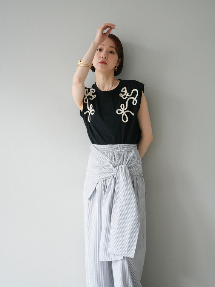 [SET]コード刺繍フレンチスリーブTシャツ+ウエスト巻きストライプイージーパンツ(2set)